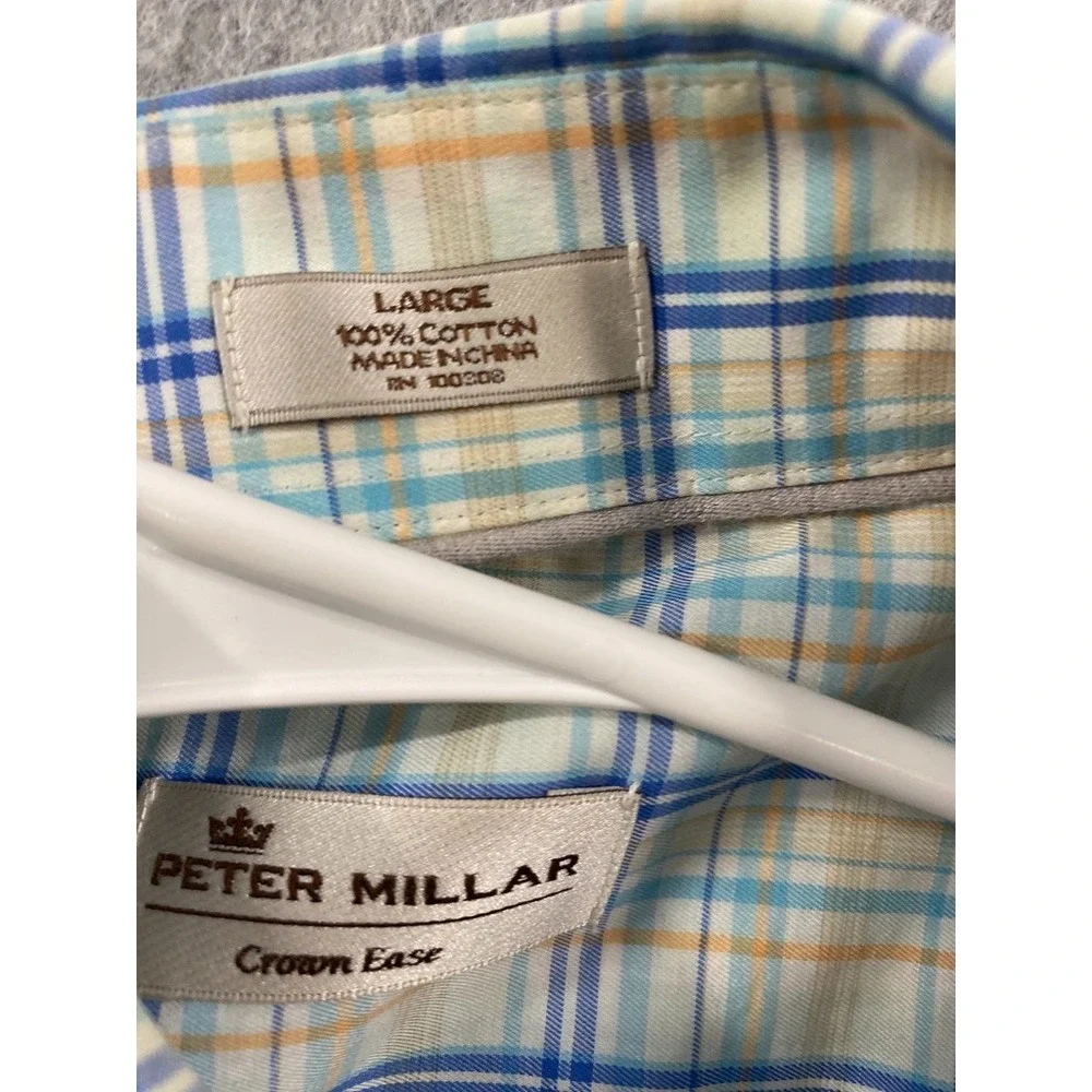 Peter Millar Crown Comfort Mens LARGE‎ Blue Plaid Button Down Shirt Long Sleeve